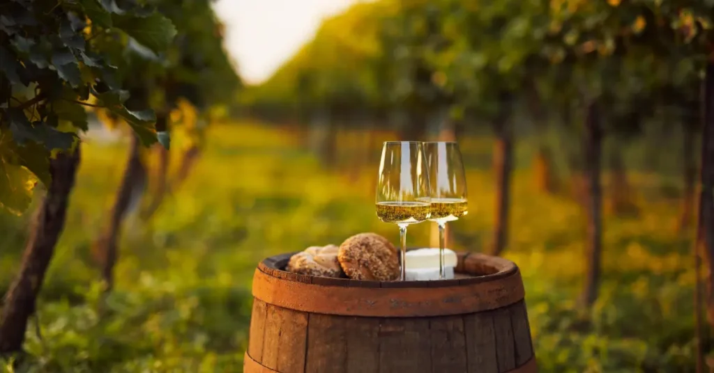 vigne avec vins et pain et fromage